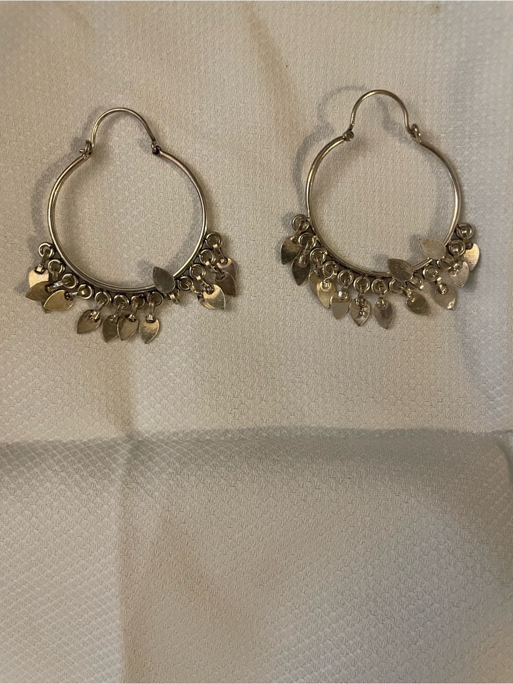 Silver Hoop Dangle Leaf Charm Earrings